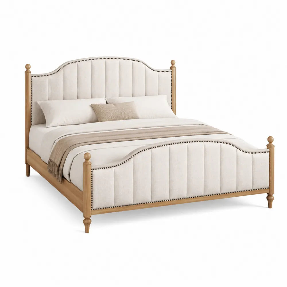 Letto matrimoniale imbottito con testiera in tessuto beige struttura in legno naturale 160x200 cm dimensioni 210 cm x 170 cm x 110 cm