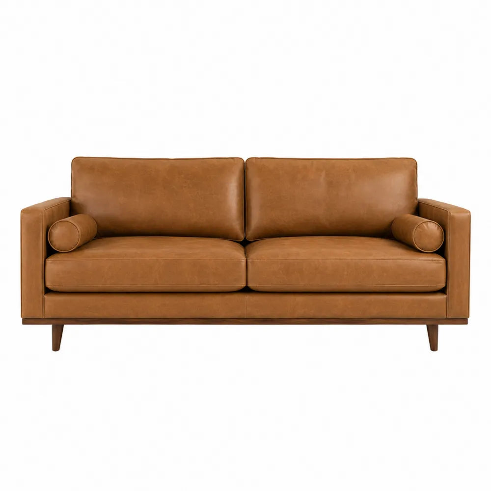 Divano 2 posti imbottito in pelle PU marrone con braccioli rettangolari gambe in legno 180 x 80 x 83 cm