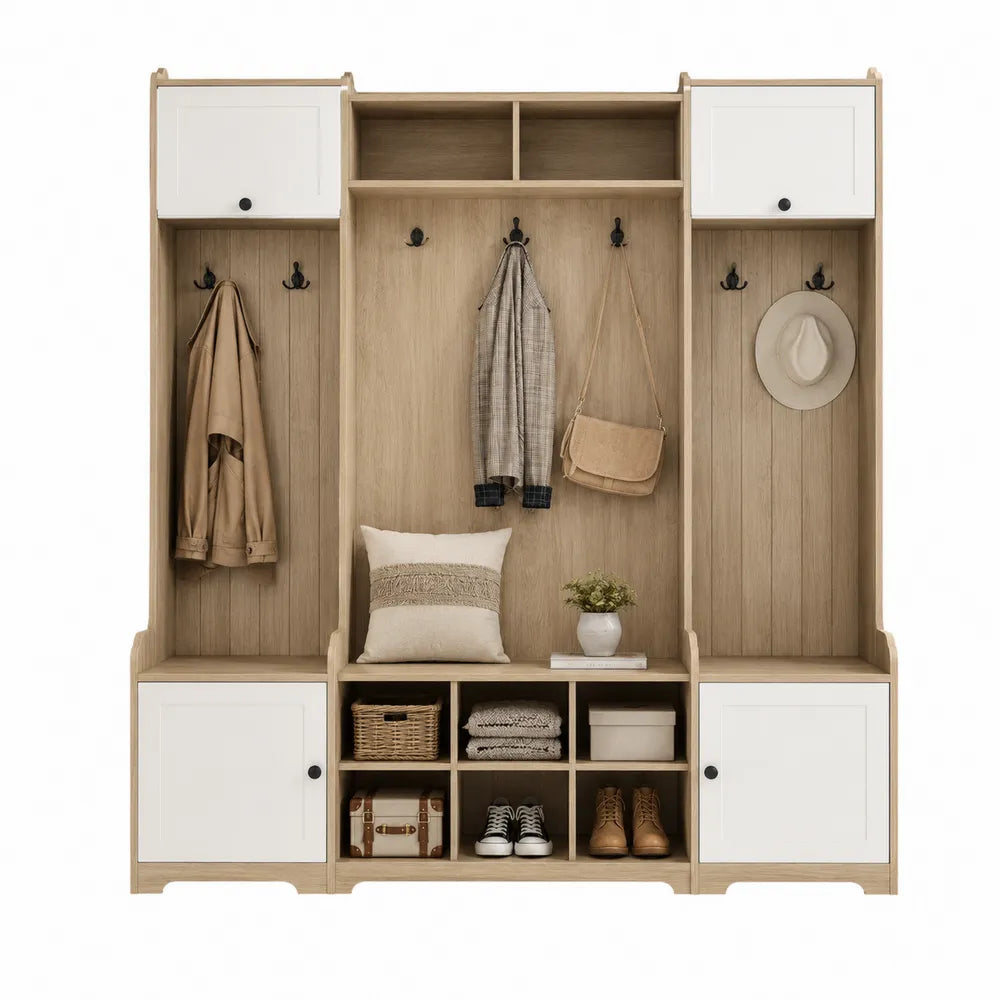 Mobile ingresso con appendiabiti panca e scarpiera in MDF effetto legno naturale bianco e nero 180 x 40 x 200 cm