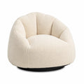 Poltrona girevole imbottita rotonda in tessuto bouclé beige con base in acciaio nero 90x90x75 cm