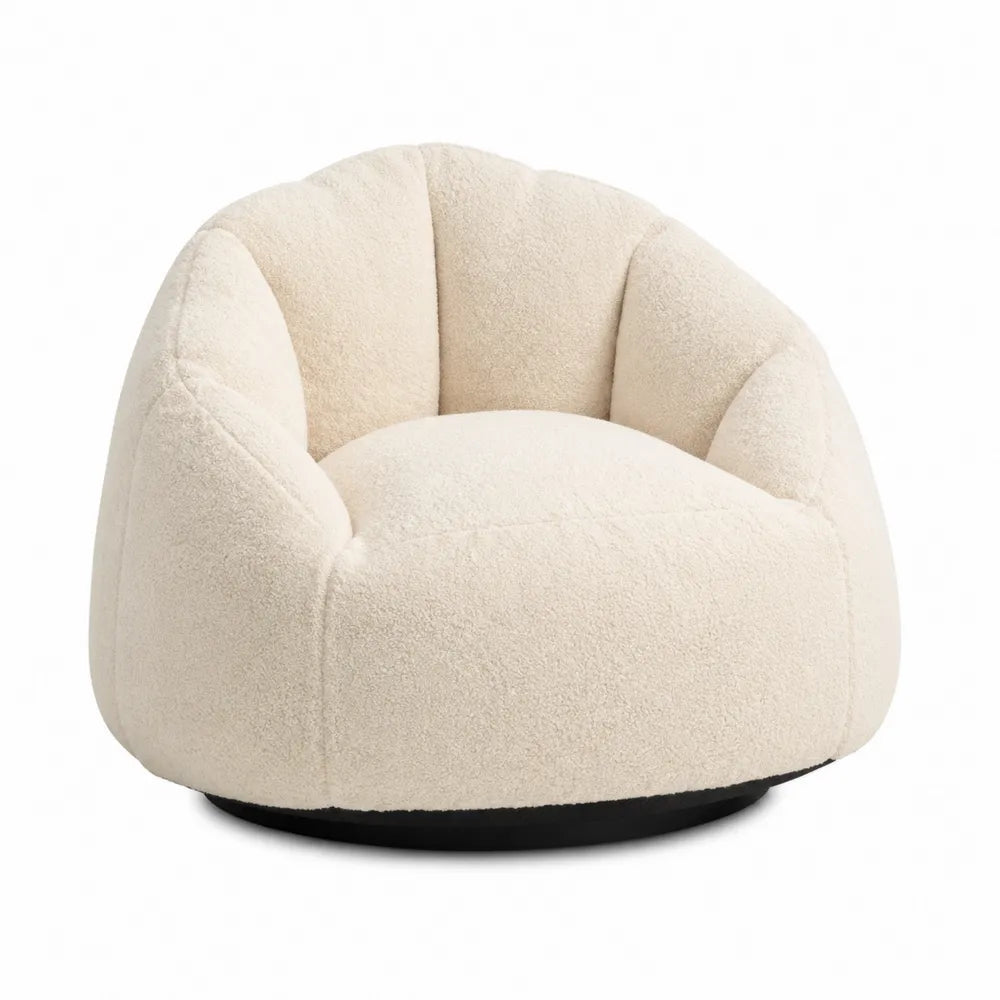 Poltrona girevole imbottita rotonda in tessuto bouclé beige con base in acciaio nero 90x90x75 cm