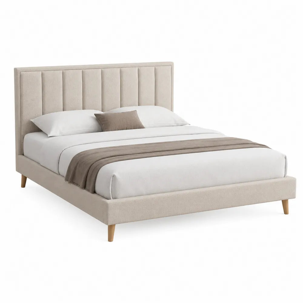 Letto matrimoniale imbottito in tessuto poliestere beige struttura in MDF e legno con rete a doghe 160x200 cm 215 cm 170 cm 110 cm