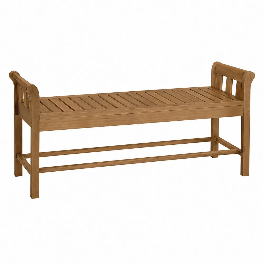 Panca da esterno rettangolare in legno di acacia naturale con seduta a doghe e braccioli laterali 130 x 60 x 80 cm