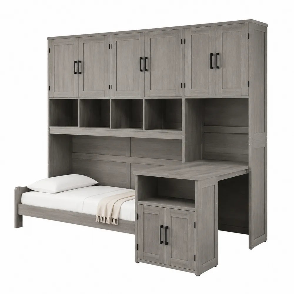 Letto singolo multifunzione con armadio superiore scrivania e contenitori in truciolare effetto rovere grigio per materasso 90 x 200 cm