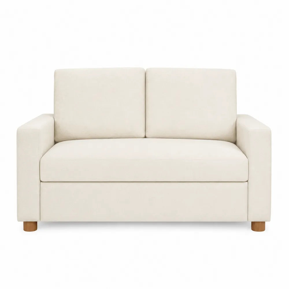 Divano 2 posti imbottito in tessuto poliestere beige chiaro con braccioli rettangolari e gambe in legno 160 x 85 x 80 cm
