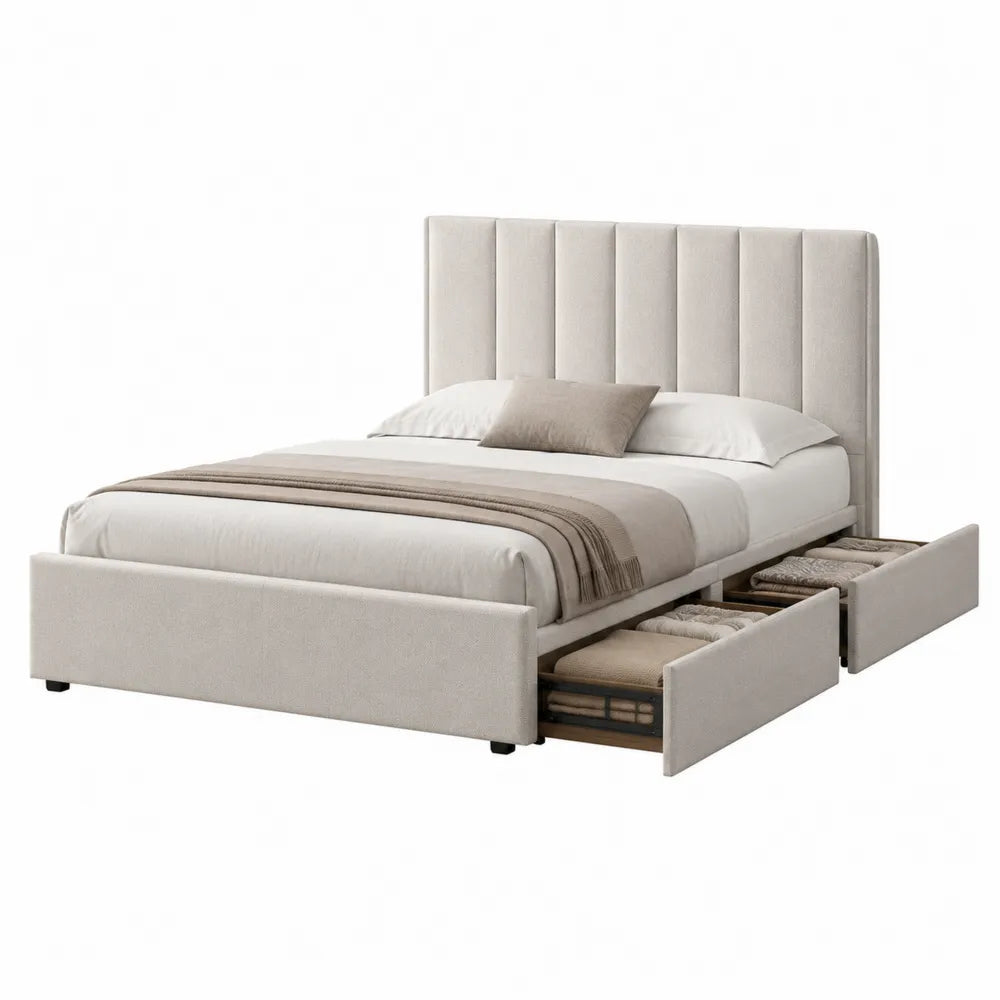 Letto matrimoniale contenitore in tessuto poliestere beige con testiera alta imbottita e cassetti laterali struttura in MDF e legno