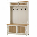 Mobile ingresso rettangolare appendiabiti con panca in MDF effetto legno e ganci in metallo avorio naturale e nero 100 x 40 x 180 cm