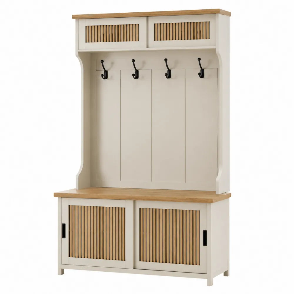 Mobile ingresso rettangolare appendiabiti con panca in MDF effetto legno e ganci in metallo avorio naturale e nero 100 x 40 x 180 cm