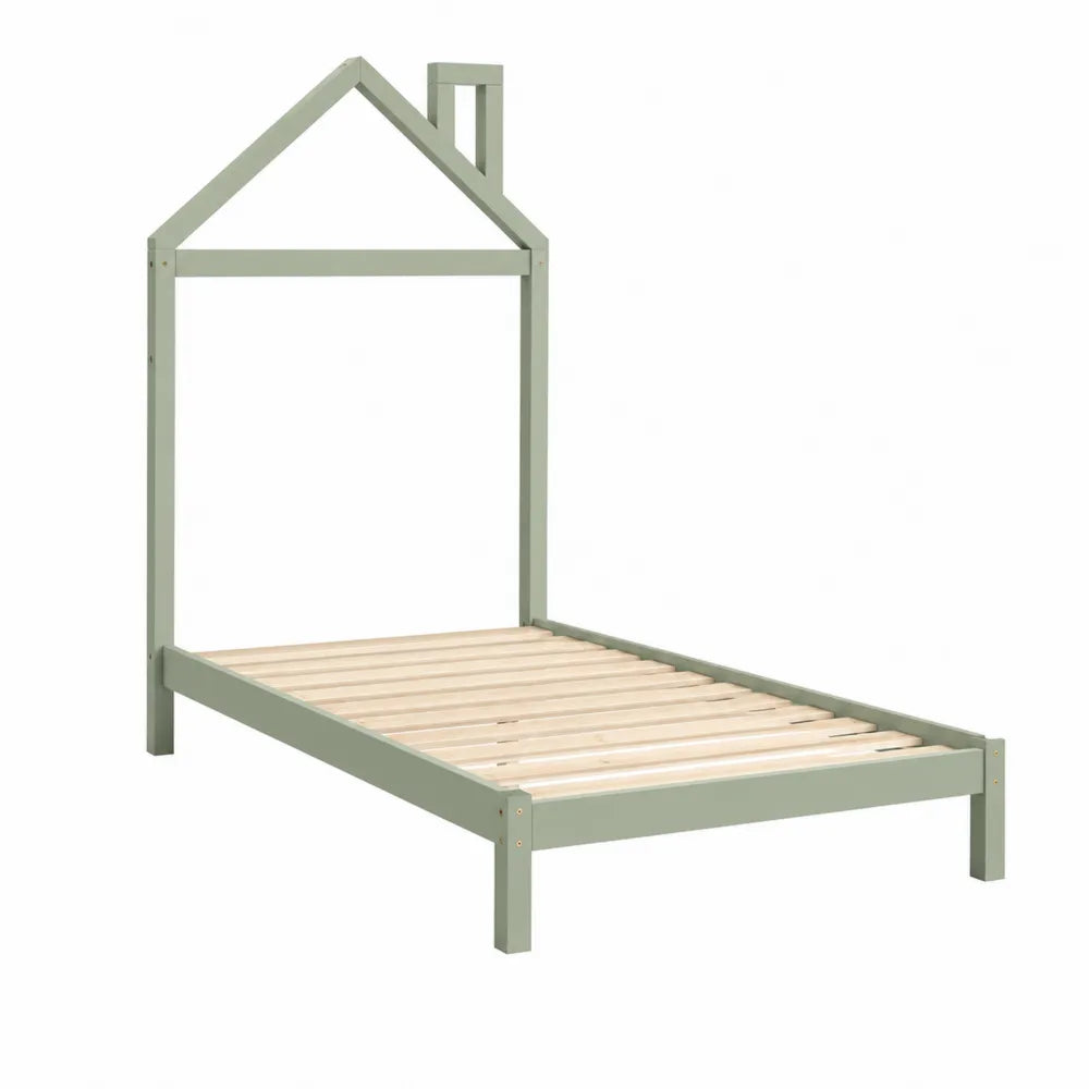 Letto singolo per bambini a casetta in legno massello di pino verde salvia con rete a doghe 90x200 cm 205 cm 98 cm 200 cm
