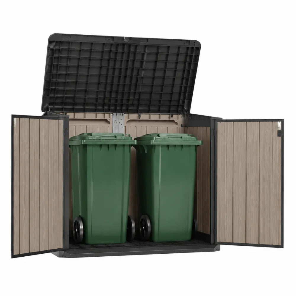 Casetta porta bidoni rettangolare da esterno in PP effetto legno con doppia anta e apertura superiore nero e beige 150 x 90 x 130 cm