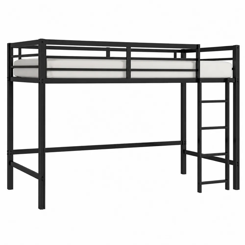 Letto a soppalco singolo in acciaio nero con scala laterale barriera e doghe metalliche per materasso 90 x 200 cm