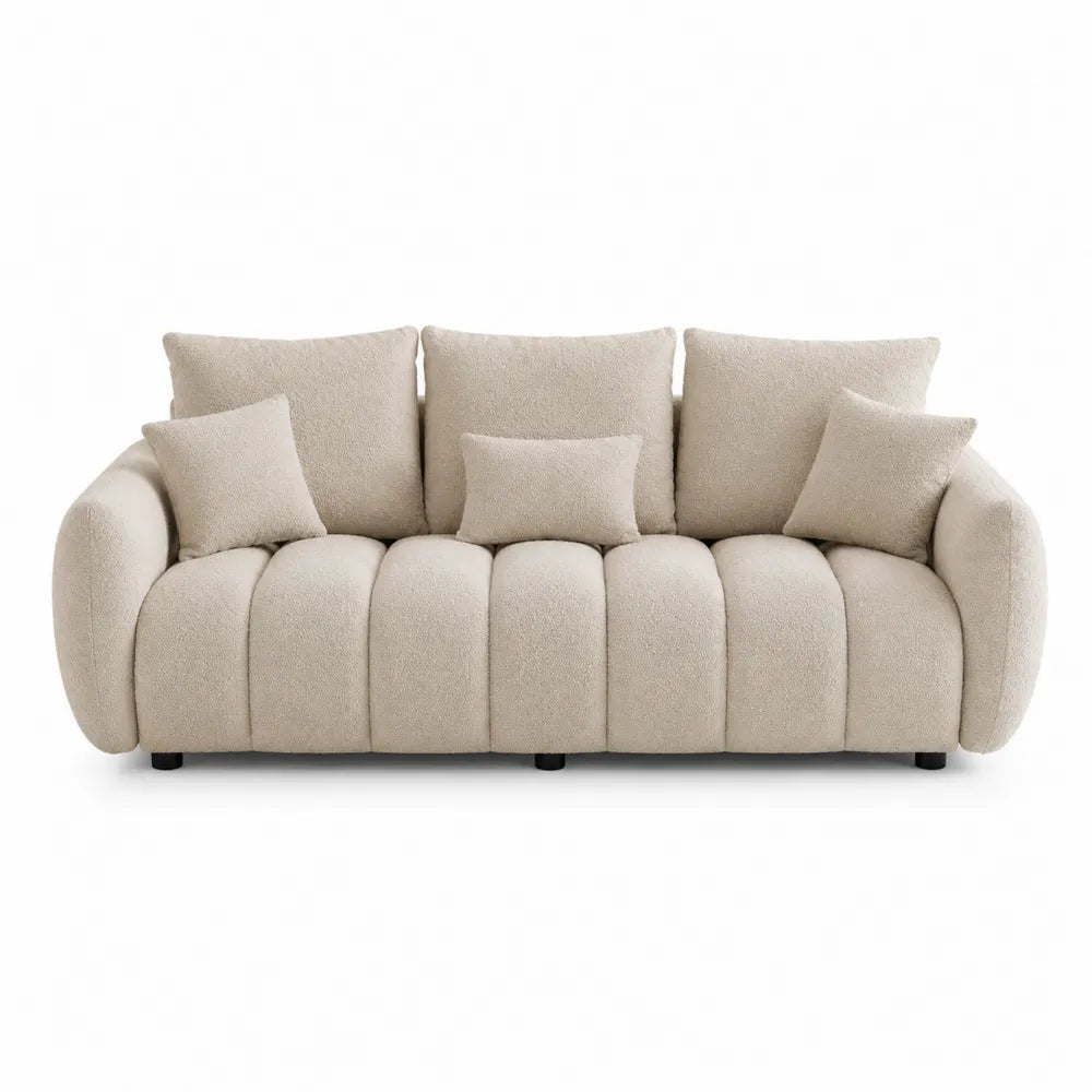 Divano 3 posti in tessuto bouclé beige con braccioli arrotondati cuscini rimovibili e gambe nere 220 x 95 x 85 cm