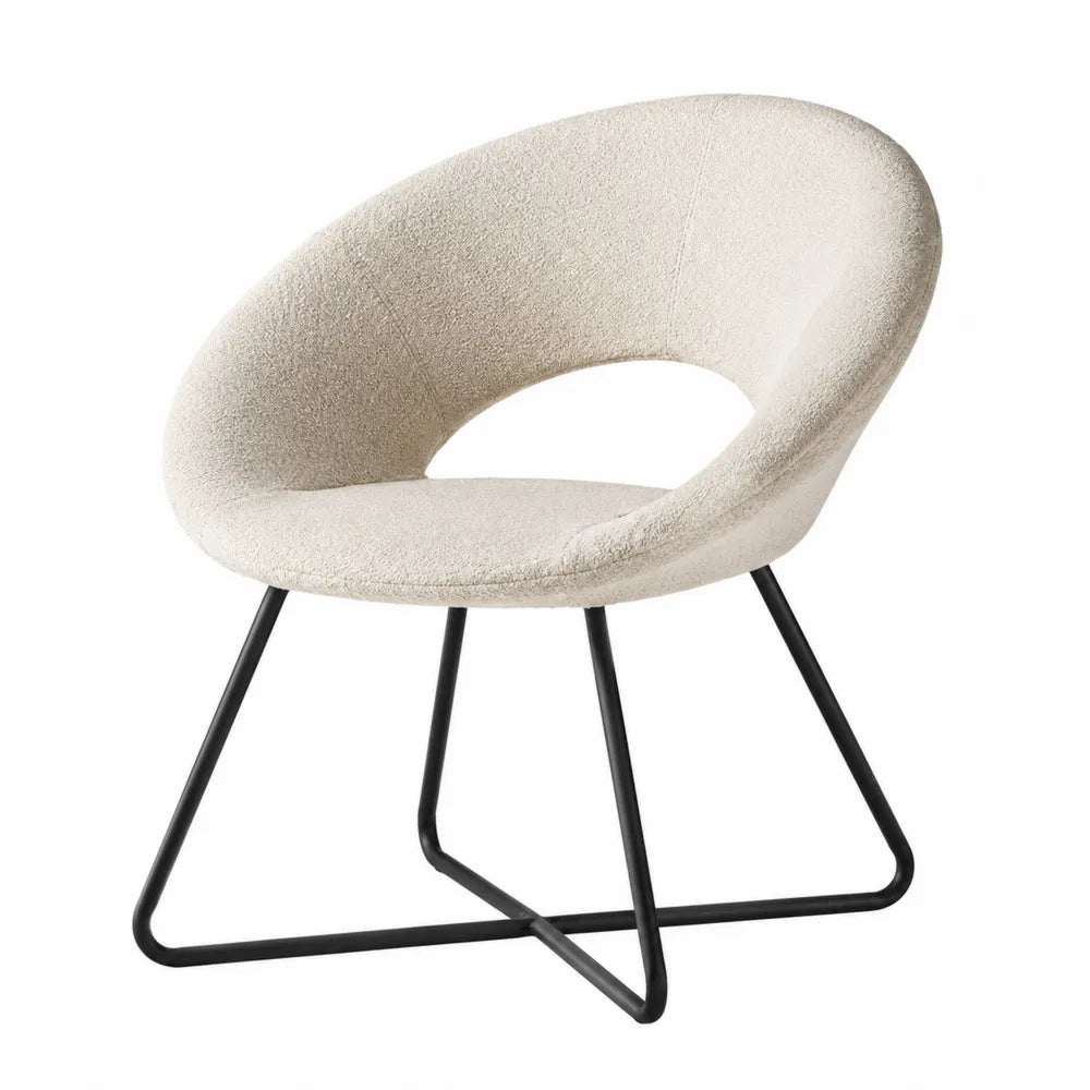 Sedia imbottita con schienale ad anello in tessuto bouclé beige e base in acciaio nero 62x60x78 cm
