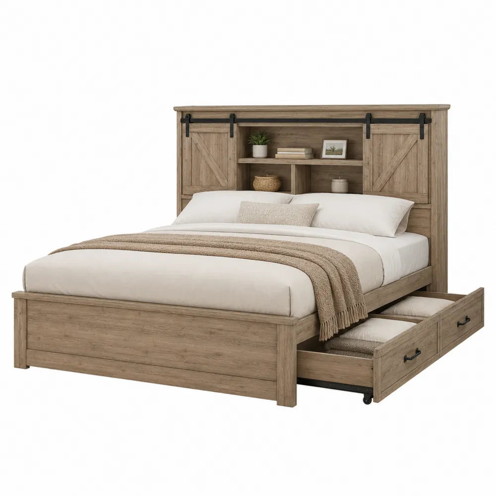 Letto matrimoniale contenitore rettangolare con testiera a scaffali ante scorrevoli e cassetti in MDF effetto rovere naturale e metallo nero per materasso 160 x 200 cm