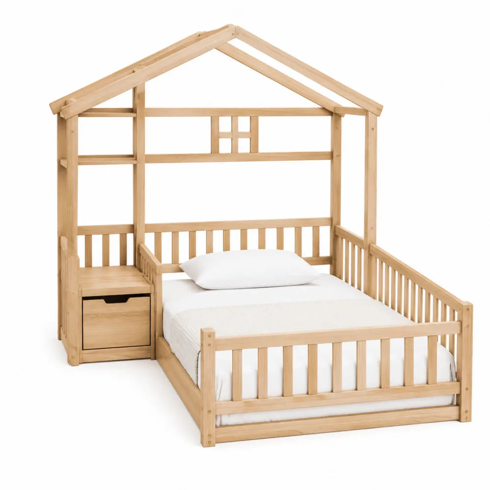Letto singolo per bambini a casetta rettangolare in legno massello di pino naturale con sponde cassetto e scaffale per materasso 90 x 200 cm