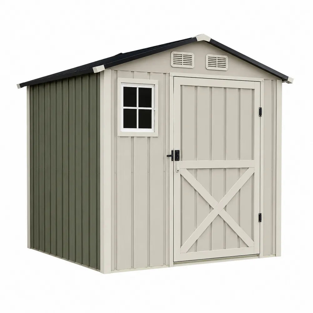 Casetta da giardino per deposito esterno in acciaio zincato beige e verde oliva con porta a battente finestra e ventilazione 200 x 180 x 210 cm