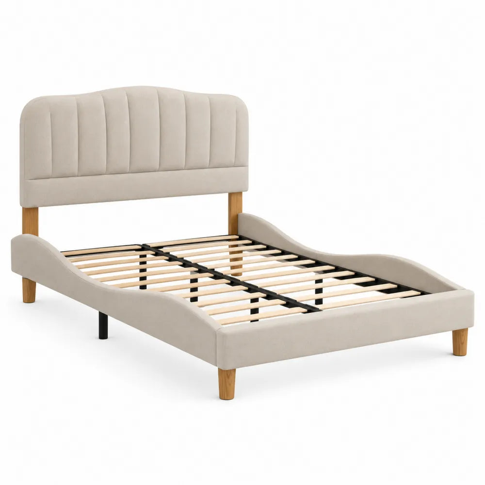 Letto matrimoniale imbottito rettangolare in tessuto beige con testiera a pannelli verticali e doghe in legno per materasso 160 x 200 cm