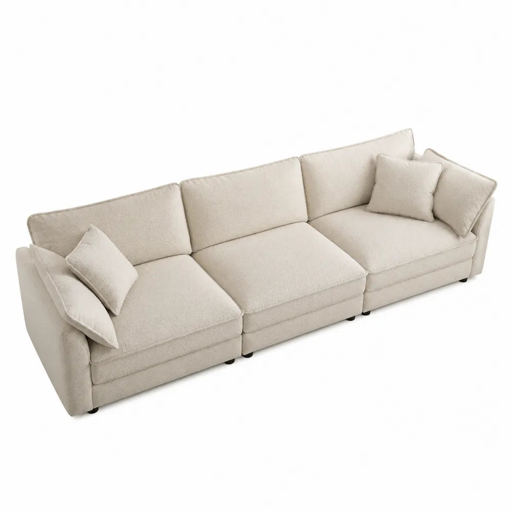 Divano modulare 3 posti in tessuto beige con cuscini rimovibili struttura in legno dimensioni circa 240 x 90 x 85 cm