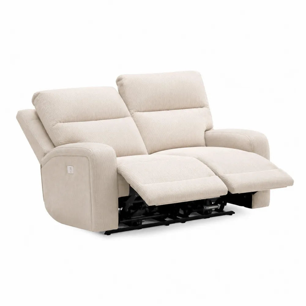 Divano reclinabile 2 posti in velluto a coste beige chiaro con poggiapiedi estensibili e struttura in metallo 200 x 95 x 100 cm