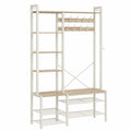 Mobile ingresso appendiabiti rettangolare con scarpiera e panca in acciaio verniciato e MDF bianco naturale 160 x 40 x 180 cm