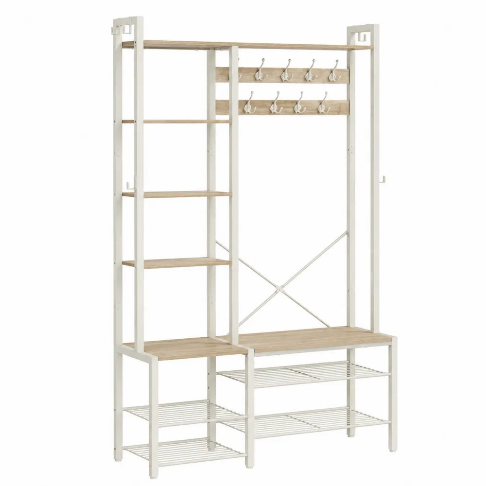 Mobile ingresso appendiabiti rettangolare con scarpiera e panca in acciaio verniciato e MDF bianco naturale 160 x 40 x 180 cm