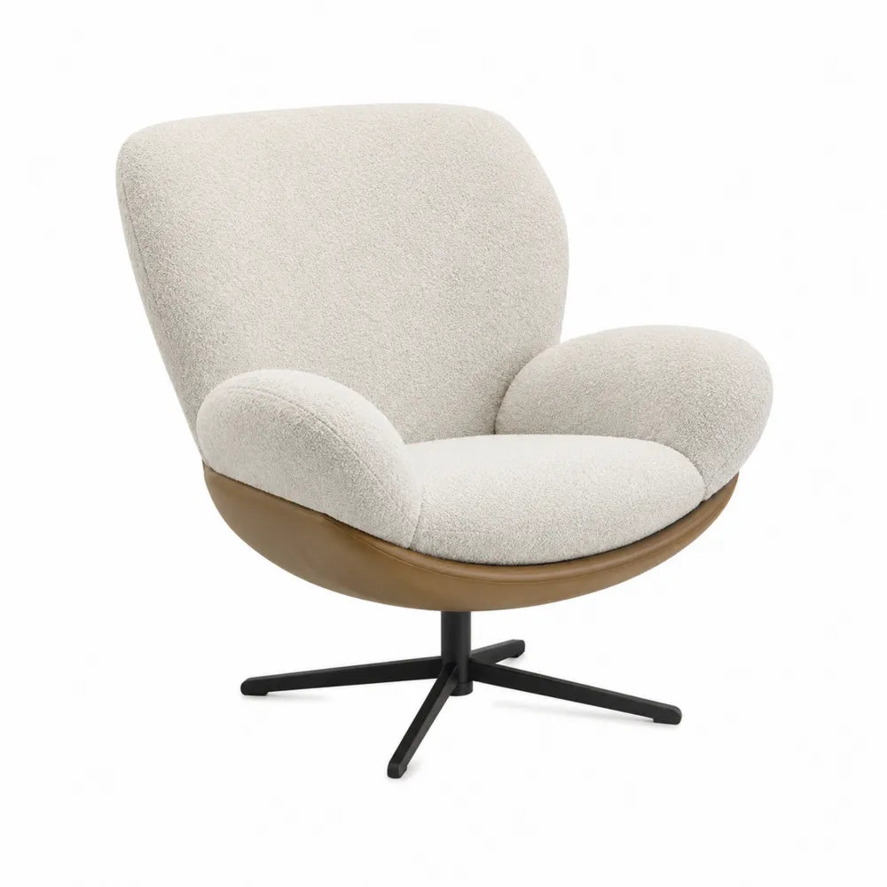 Poltrona girevole imbottita in tessuto bouclé beige chiaro e pelle PU marrone con base in acciaio nero 75x75x80 cm