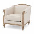 Poltrona imbottita con schienale curvo braccioli in legno massello e tessuto beige chiaro 75x78x85 cm