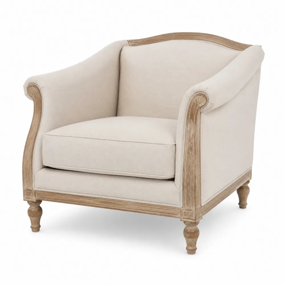 Poltrona imbottita con schienale curvo braccioli in legno massello e tessuto beige chiaro 75x78x85 cm