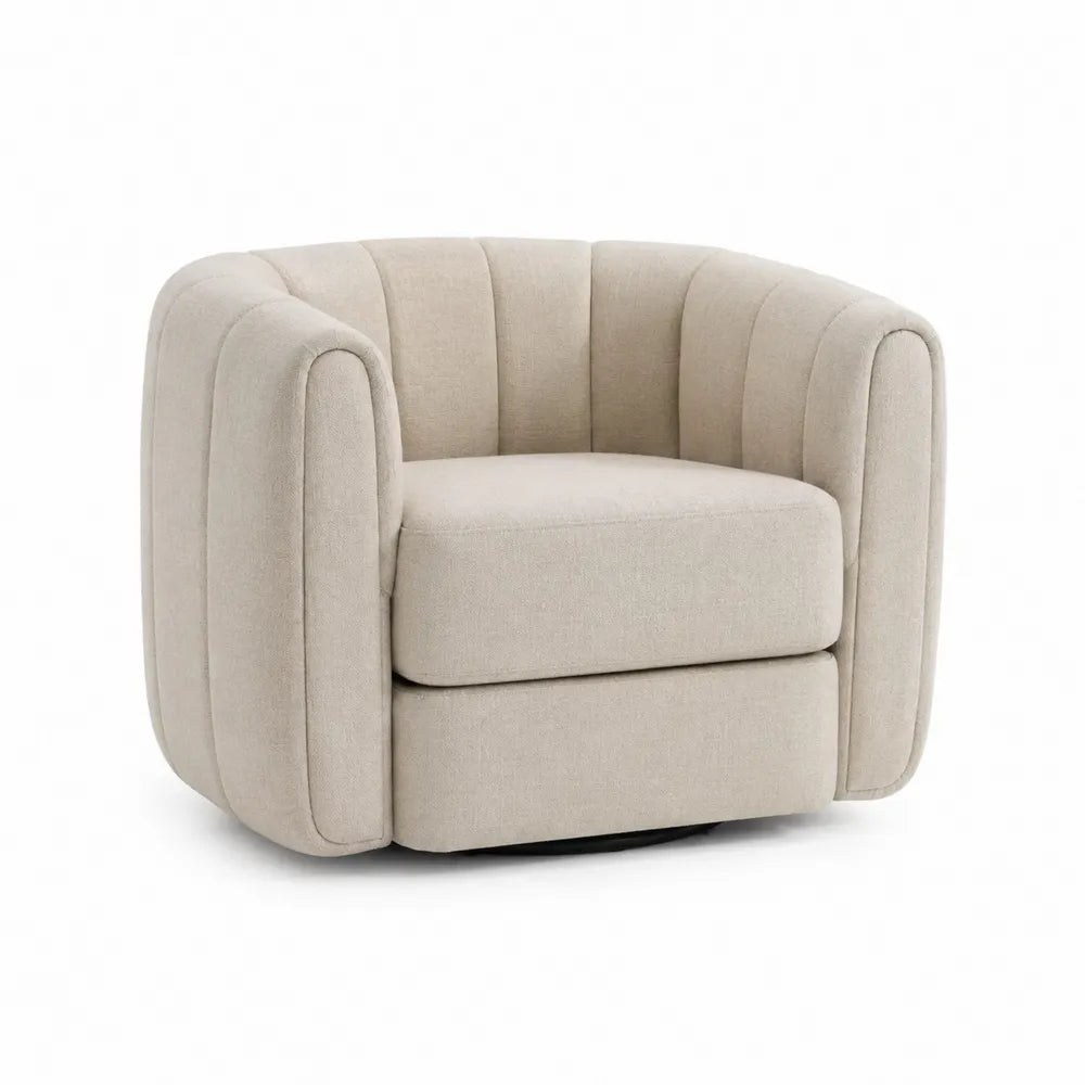 Poltrona girevole imbottita in tessuto bouclé beige con base in metallo nero dimensioni 75 x 72 x 78 cm