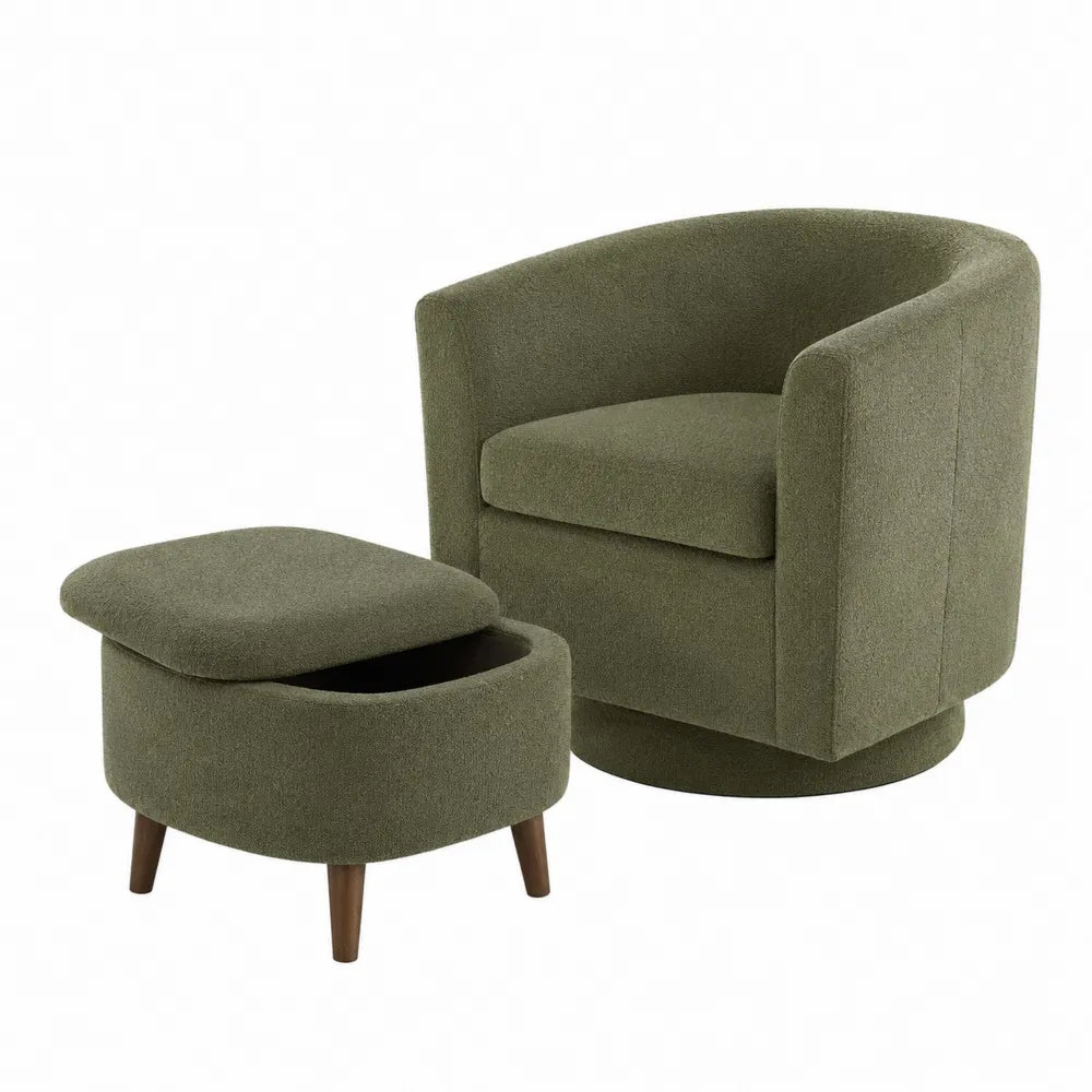 Poltrona imbottita da interno con schienale curvo e pouf contenitore tessuto bouclé verde oliva 80 x 78 x 85 cm