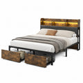 Letto matrimoniale contenitore rettangolare con testiera LED cassetti in acciaio nero e pannelli effetto rovere marrone per materasso 160 x 200 cm